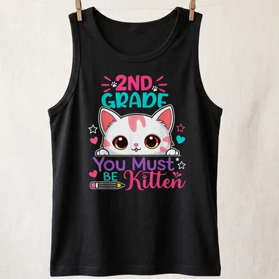 Kawaii-style t-shirt featuring a cute kitten and playful text for kids — printed on a tank top