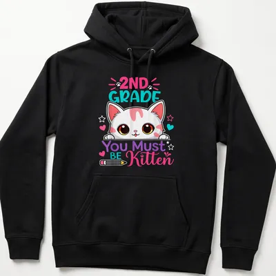 Kawaii-style t-shirt featuring a cute kitten and playful text for kids — printed on a unisex hoodie