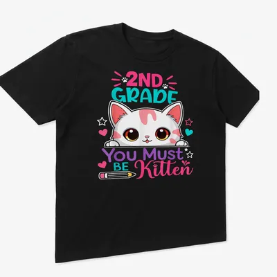 Kawaii-style t-shirt featuring a cute kitten and playful text for kids — printed on a unisex t-shirt (angled view)