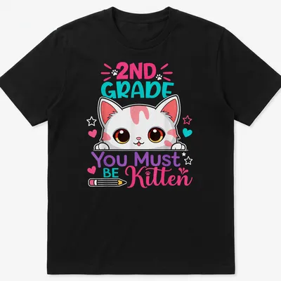 Kawaii-style t-shirt featuring a cute kitten and playful text for kids