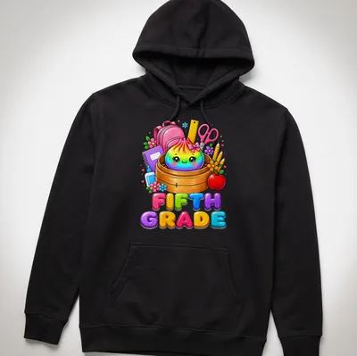 Kawaii-style t-shirt featuring a rainbow dumpling and text for fifth grade — printed on a unisex hoodie