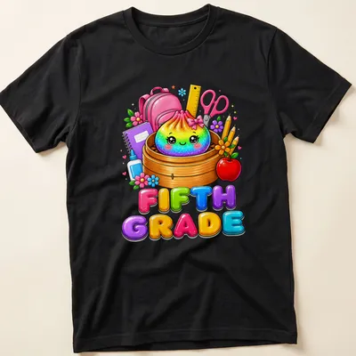 Kawaii-style t-shirt featuring a rainbow dumpling and text for fifth grade