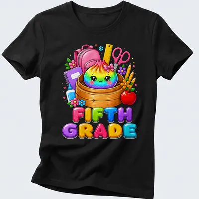Kawaii-style t-shirt featuring a rainbow dumpling and text for fifth grade — printed on a women's shirt
