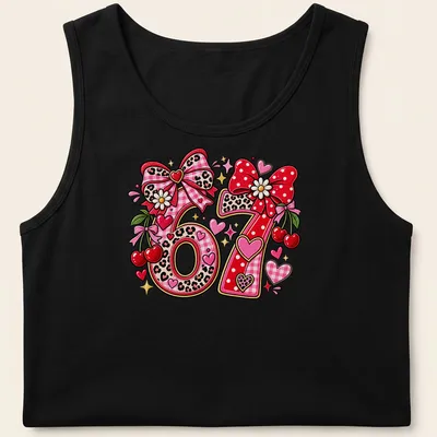 Cute retro tee with a cherry and bow design featuring the text Love Ya and numbers 67. — printed on a tank top