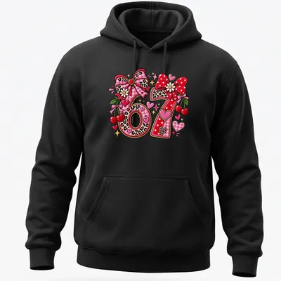 Cute retro tee with a cherry and bow design featuring the text Love Ya and numbers 67. — printed on a unisex hoodie