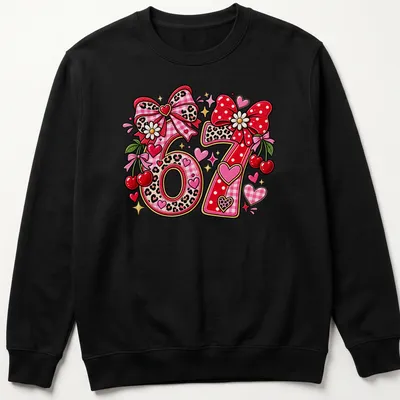 Cute retro tee with a cherry and bow design featuring the text Love Ya and numbers 67. — printed on a unisex sweatshirt