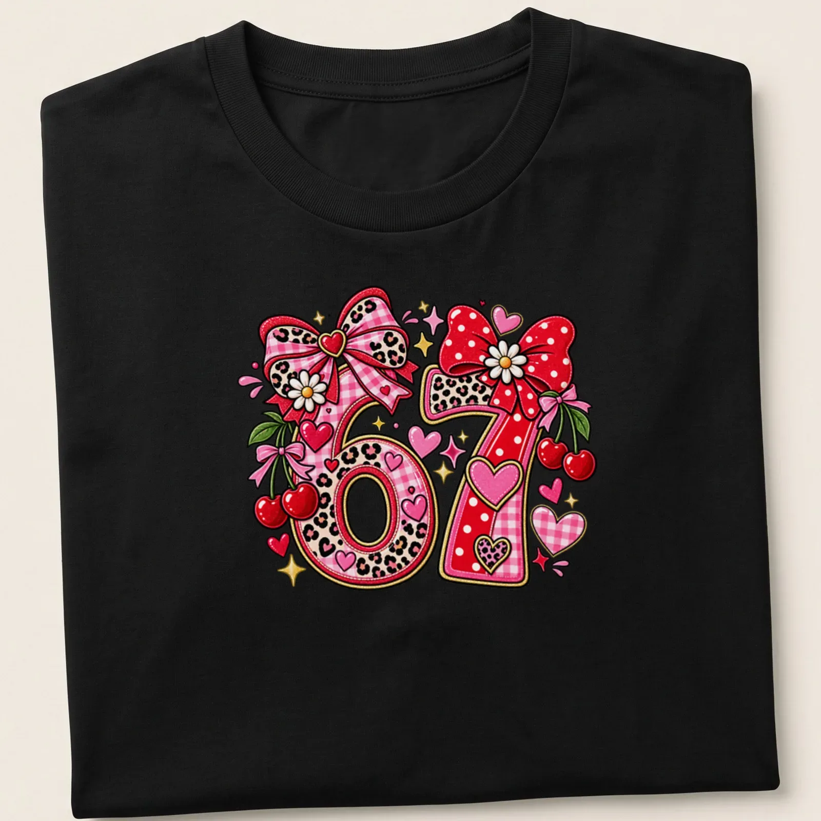 Cute retro tee with a cherry and bow design featuring the text Love Ya and numbers 67. — printed on a unisex t-shirt