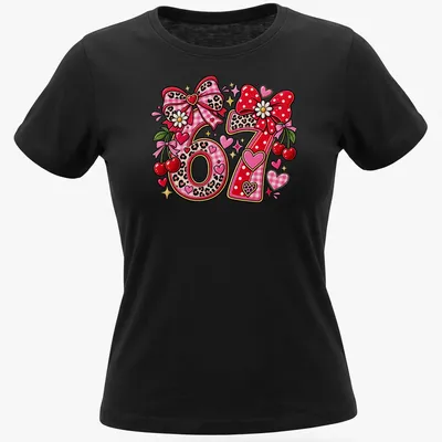 Cute retro tee with a cherry and bow design featuring the text Love Ya and numbers 67. — printed on a women's shirt