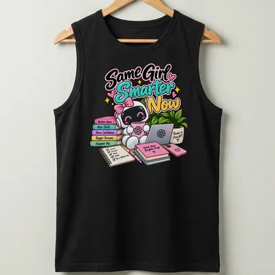 Kawaii cute robot illustration with text 'Same Girl, Smarter Now Thanks to ChatGPT' — printed on a tank top