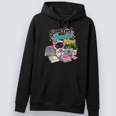 Kawaii cute robot illustration with text 'Same Girl, Smarter Now Thanks to ChatGPT' — printed on a unisex hoodie