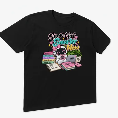 Kawaii cute robot illustration with text 'Same Girl, Smarter Now Thanks to ChatGPT' — printed on a unisex t-shirt (angled view)