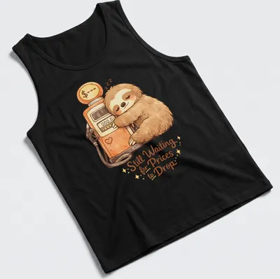 Kawaii style T-shirt featuring a cute sloth and the phrase about waiting for prices to drop — printed on a tank top