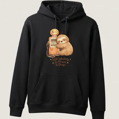 Kawaii style T-shirt featuring a cute sloth and the phrase about waiting for prices to drop — printed on a unisex hoodie