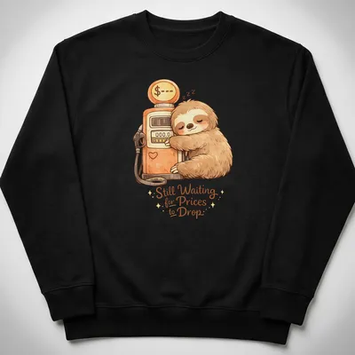 Kawaii style T-shirt featuring a cute sloth and the phrase about waiting for prices to drop — printed on a unisex sweatshirt