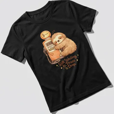 Kawaii style T-shirt featuring a cute sloth and the phrase about waiting for prices to drop — printed on a women's shirt