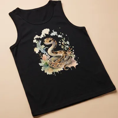 Watercolor illustration of a cute snake in brown, cream, green, pink, and blue. — printed on a tank top