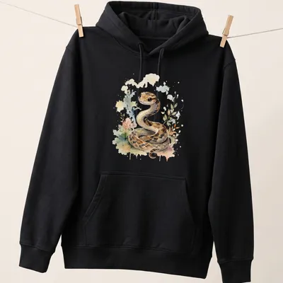 Watercolor illustration of a cute snake in brown, cream, green, pink, and blue. — printed on a unisex hoodie