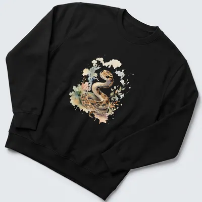 Watercolor illustration of a cute snake in brown, cream, green, pink, and blue. — printed on a unisex sweatshirt