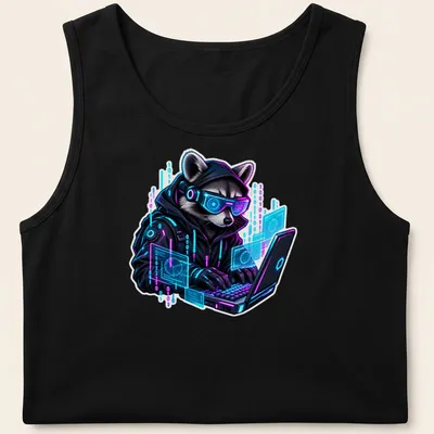 Cyberpunk design featuring a raccoon in bold colors with a hacker theme — printed on a tank top