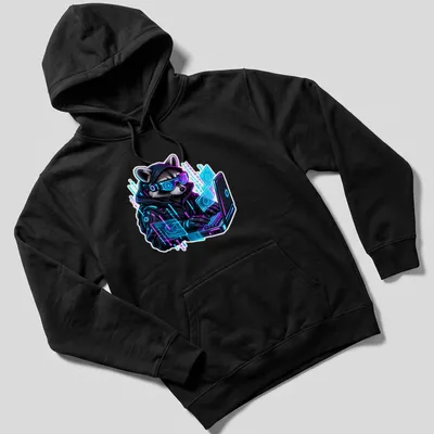 Cyberpunk design featuring a raccoon in bold colors with a hacker theme — printed on a unisex hoodie