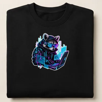 Cyberpunk design featuring a raccoon in bold colors with a hacker theme — printed on a unisex sweatshirt