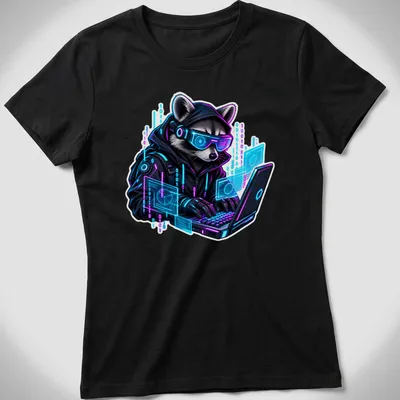 Cyberpunk design featuring a raccoon in bold colors with a hacker theme — printed on a women's shirt