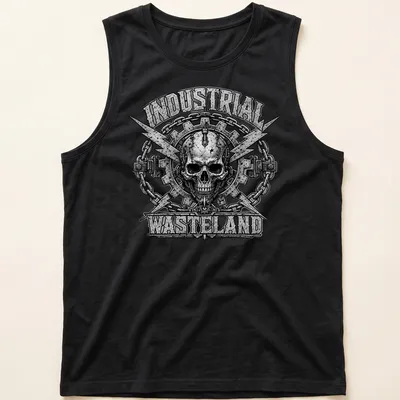 Cyborg skull design with industrial wasteland text in steampunk style — printed on a tank top