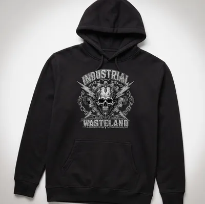 Cyborg skull design with industrial wasteland text in steampunk style — printed on a unisex hoodie