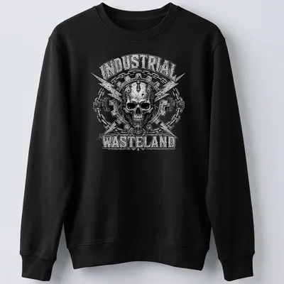 Cyborg skull design with industrial wasteland text in steampunk style — printed on a unisex sweatshirt
