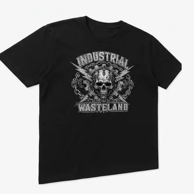 Cyborg skull design with industrial wasteland text in steampunk style — printed on a unisex t-shirt (angled view)