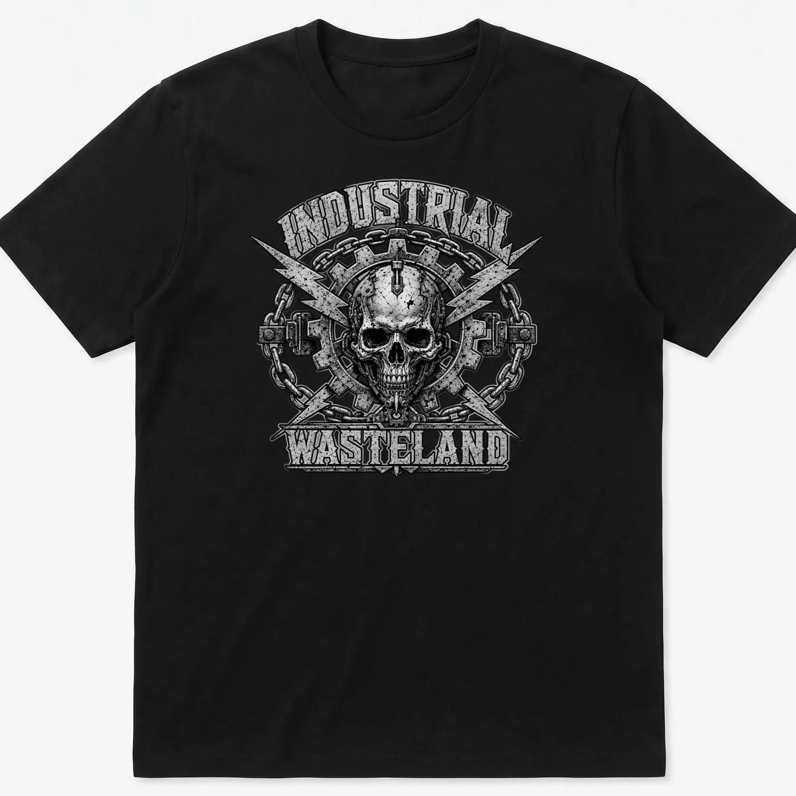Cyborg skull design with industrial wasteland text in steampunk style — printed on a unisex t-shirt