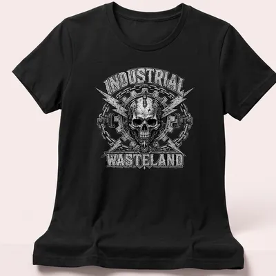 Cyborg skull design with industrial wasteland text in steampunk style — printed on a women's shirt
