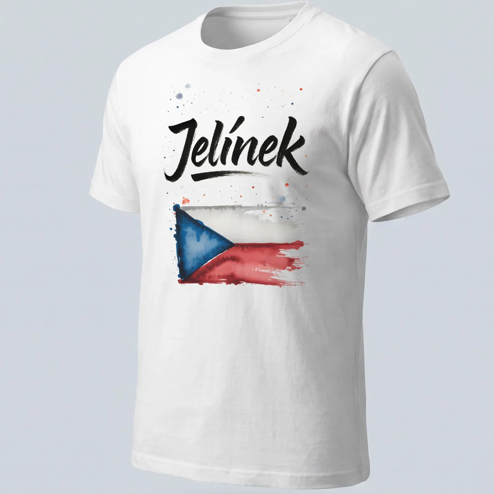 Watercolor design of the Czech flag with 'Jelínek' printed in bold lettering. — printed on a unisex t-shirt