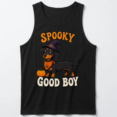 Cartoon Dachshund in Halloween costume with text 'Spooky Good Boy' in black, orange, purple, and white — printed on a tank top