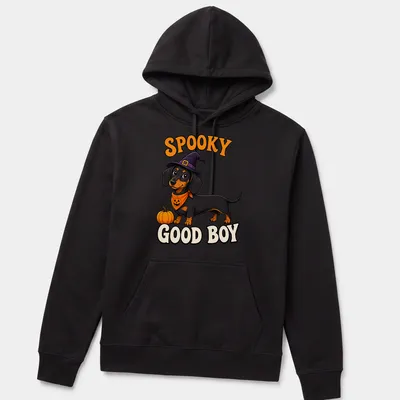 Cartoon Dachshund in Halloween costume with text 'Spooky Good Boy' in black, orange, purple, and white — printed on a unisex hoodie