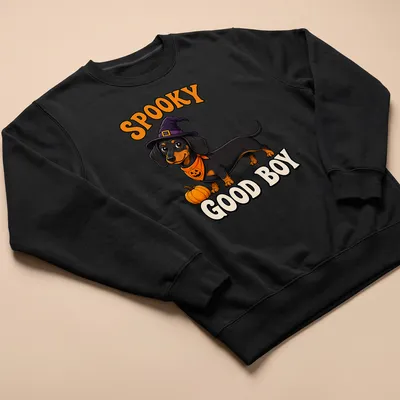 Cartoon Dachshund in Halloween costume with text 'Spooky Good Boy' in black, orange, purple, and white — printed on a unisex sweatshirt