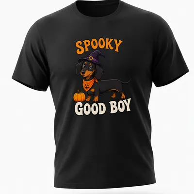 Cartoon Dachshund in Halloween costume with text 'Spooky Good Boy' in black, orange, purple, and white