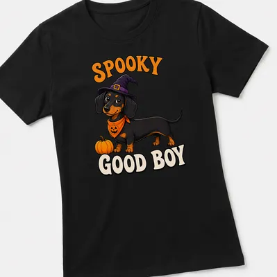 Cartoon Dachshund in Halloween costume with text 'Spooky Good Boy' in black, orange, purple, and white — printed on a women's shirt