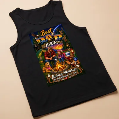Illustration of a dad camping with his daughter, roasting marshmallows. — printed on a tank top