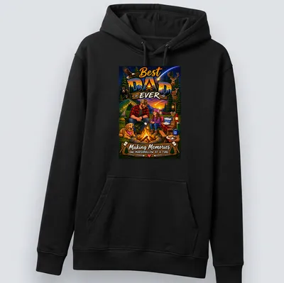 Illustration of a dad camping with his daughter, roasting marshmallows. — printed on a unisex hoodie