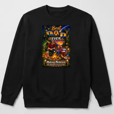 Illustration of a dad camping with his daughter, roasting marshmallows. — printed on a unisex sweatshirt