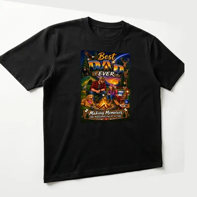 Illustration of a dad camping with his daughter, roasting marshmallows. — printed on a unisex t-shirt (angled view)