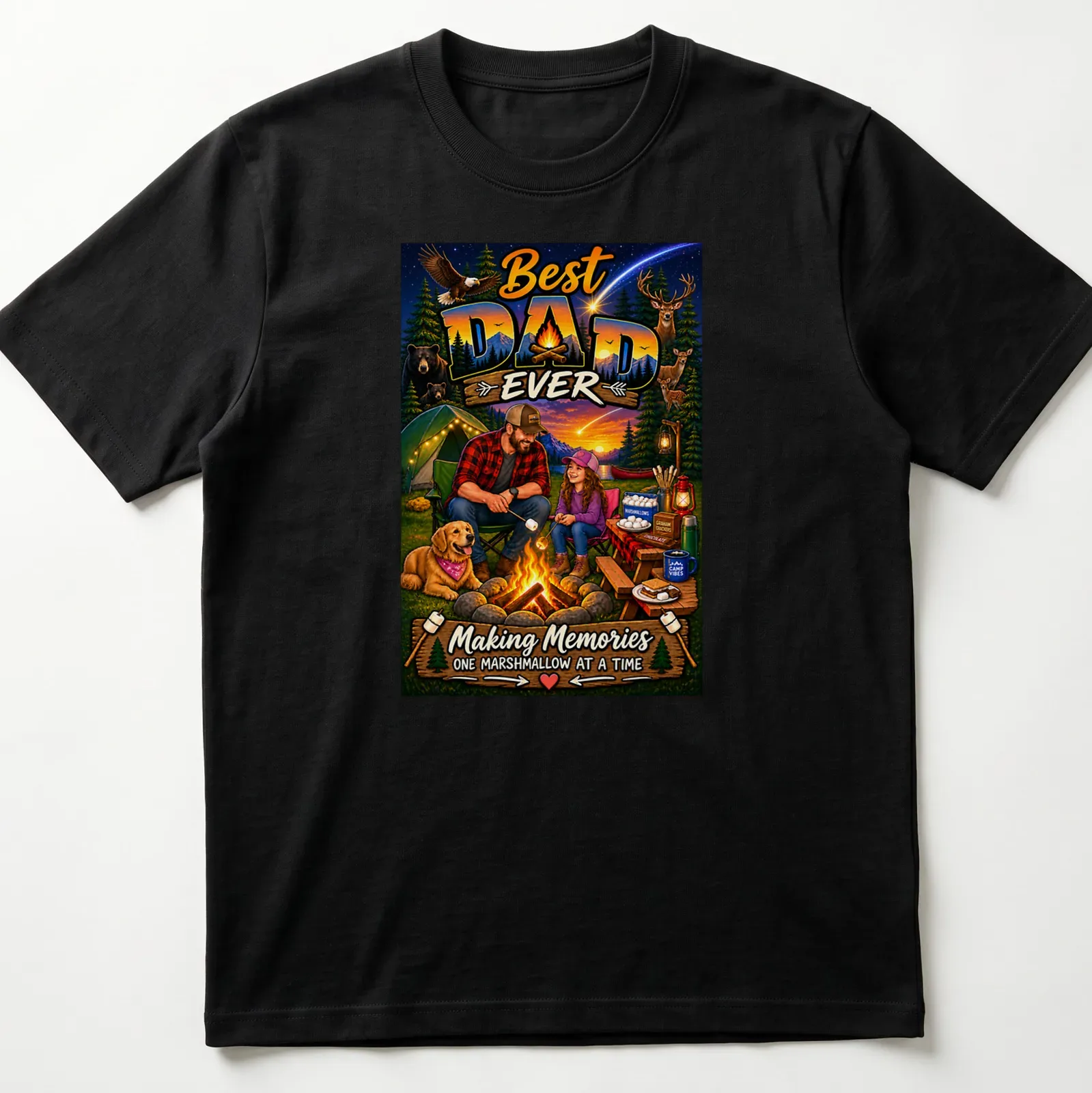Illustration of a dad camping with his daughter, roasting marshmallows. — printed on a unisex t-shirt