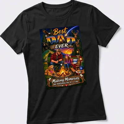 Illustration of a dad camping with his daughter, roasting marshmallows. — printed on a women's shirt