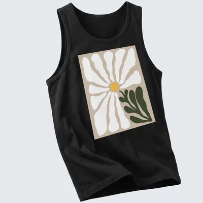 Minimalist illustration of a daisy flower in soft colors — printed on a tank top