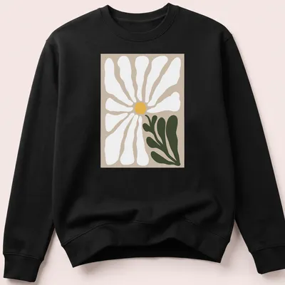 Minimalist illustration of a daisy flower in soft colors — printed on a unisex sweatshirt