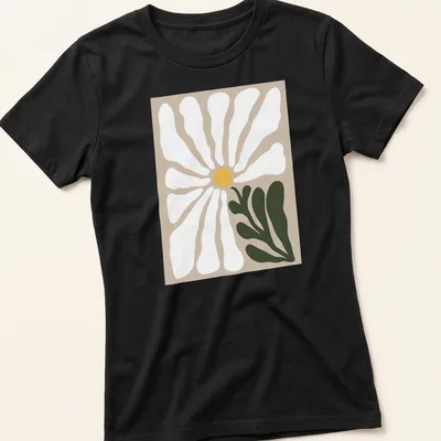 Minimalist illustration of a daisy flower in soft colors — printed on a women's shirt