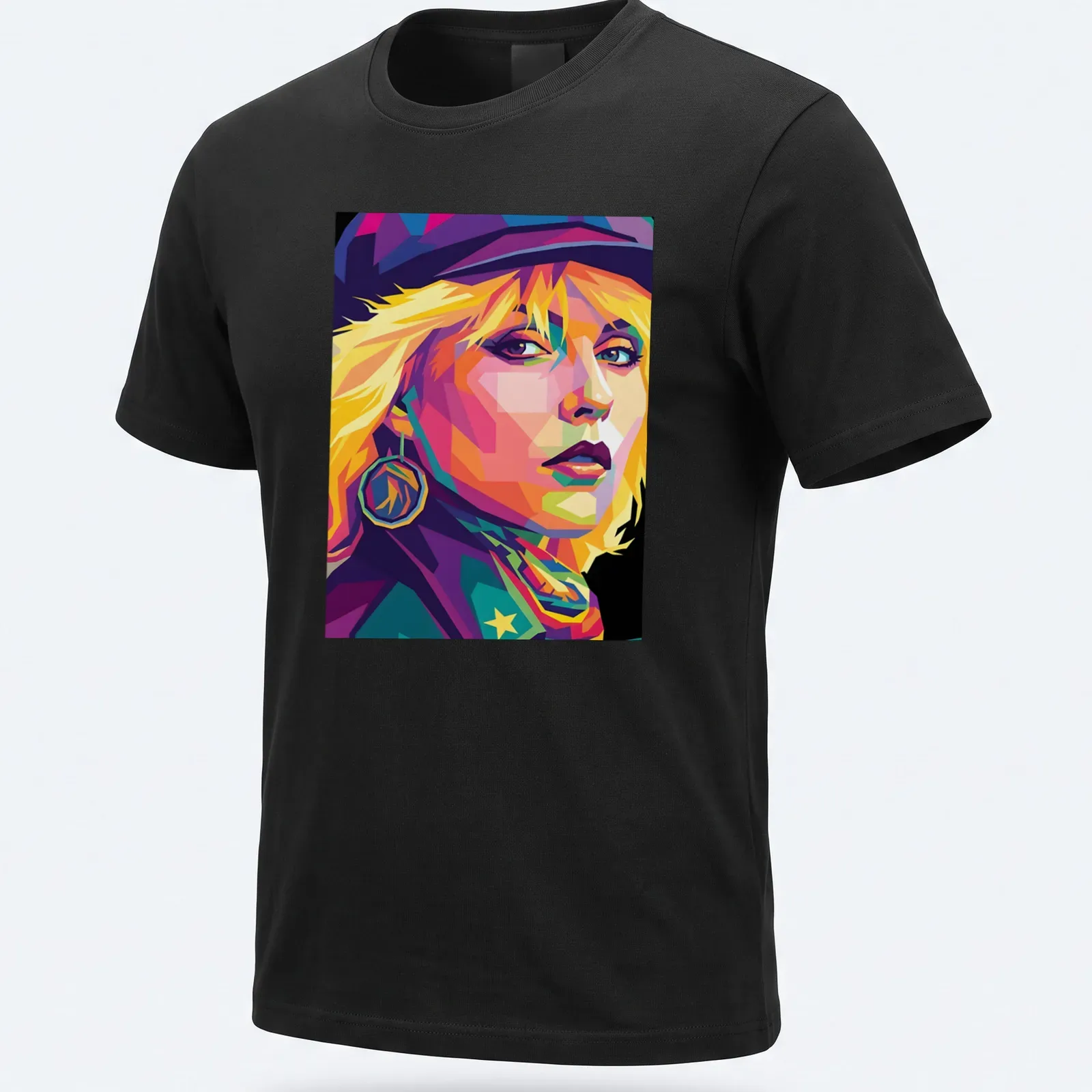 Pop art portrait of Debbie Harry in bright colors on a — printed on a unisex t-shirt