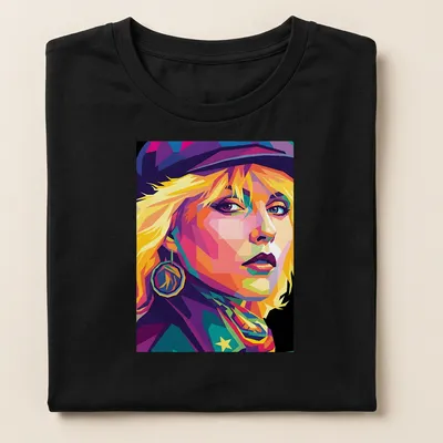 Pop art portrait of Debbie Harry in bright colors on a — printed on a women's shirt