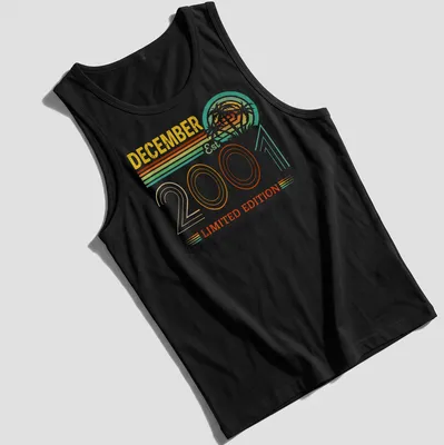 Vintage retro December birthday t-shirt with colorful text and fun design — printed on a tank top